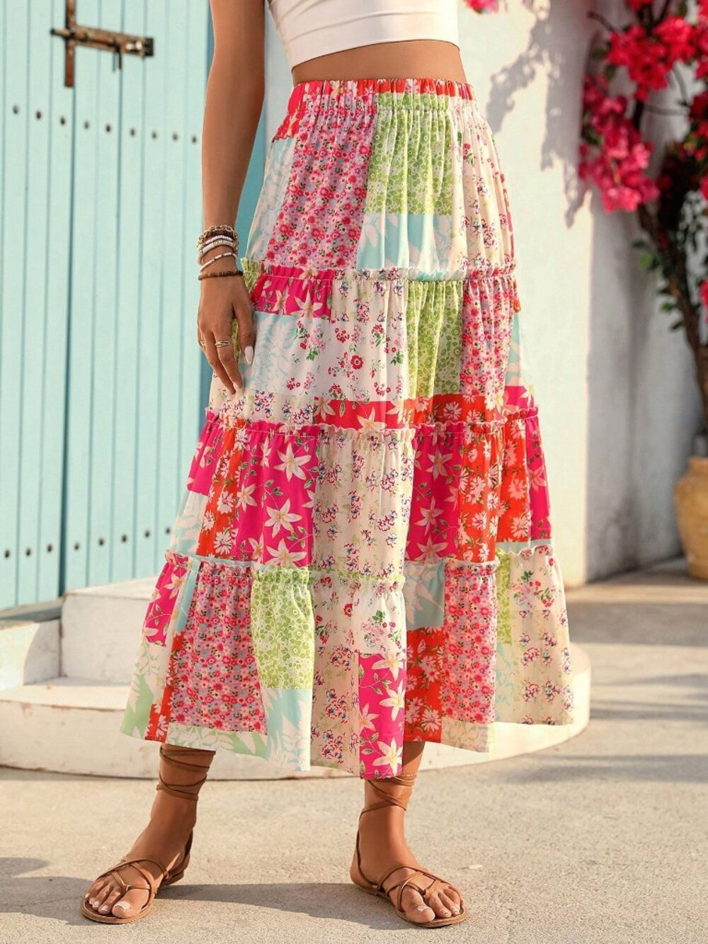 Multicolor boho Casual Women's Colorblock Floral Print Ruffle Hem maxi Skirt - Picture 8 of 10